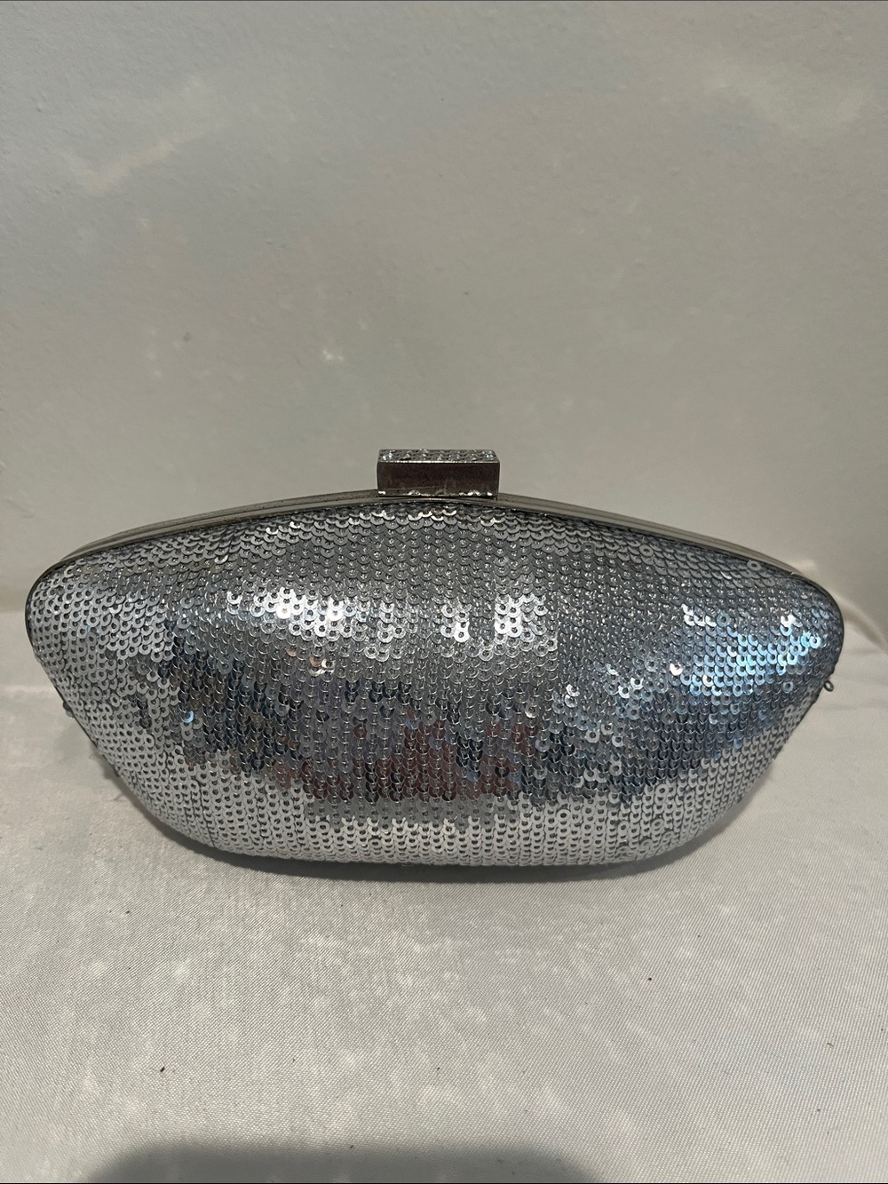 Sequin Silver Evening Clutch with Top Clasp and Chain NWT
